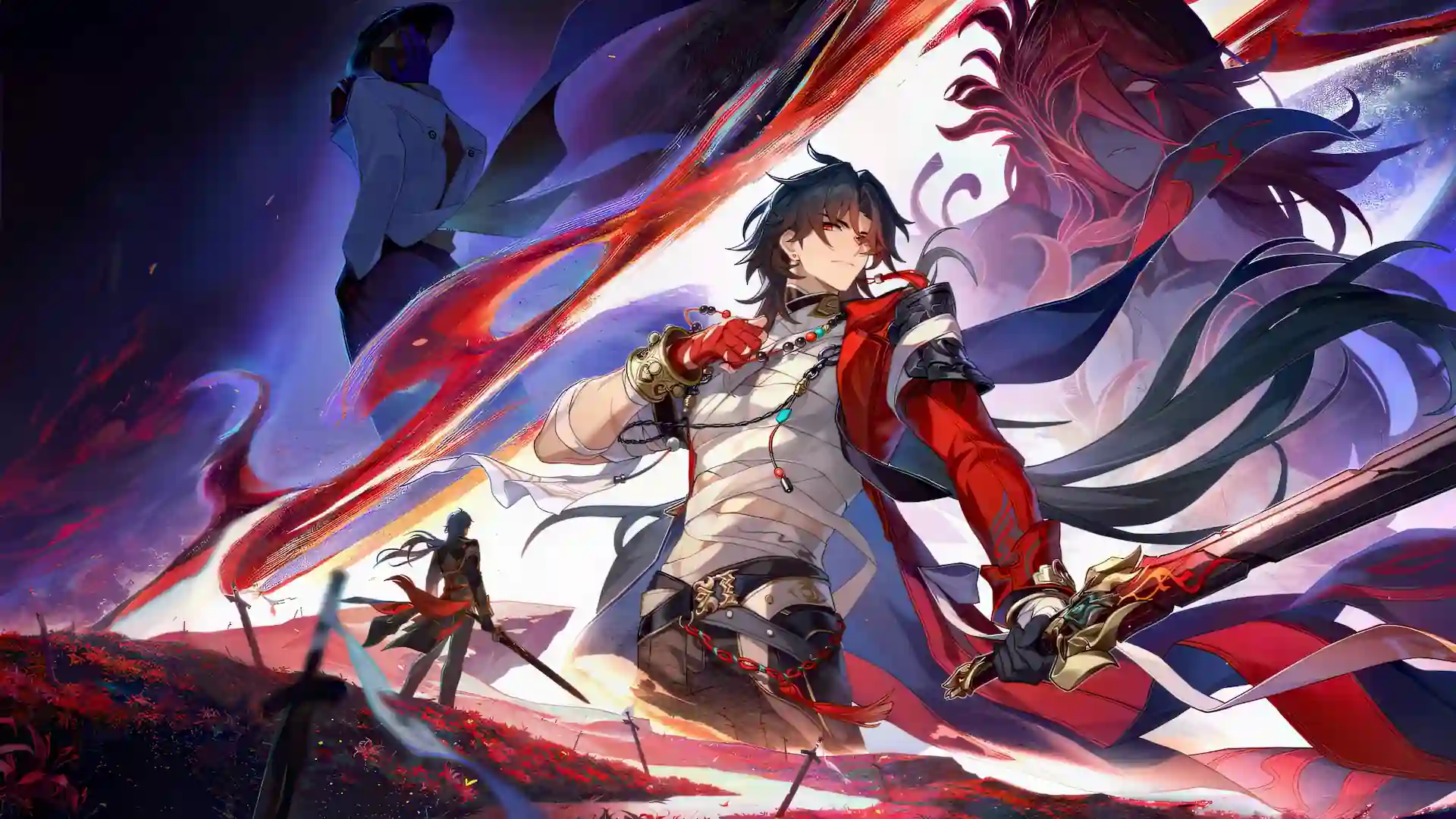 Blade from Honkai Star Rail wielding his sword amid crimson energy and cinematic anime artwork live wallpaper.