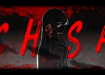 Chisa monochrome silhouette with crimson eyes and bold red typography from Wuthering Waves live wallpaper.