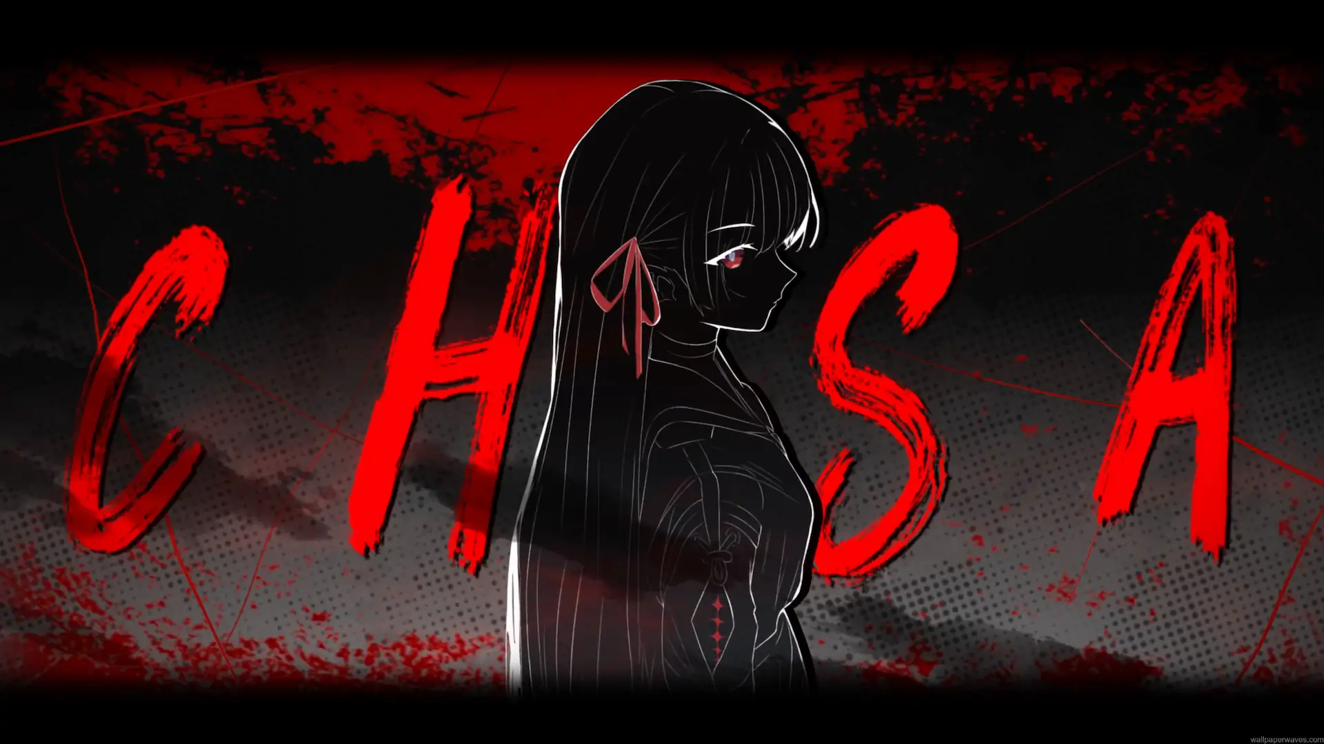 Chisa monochrome silhouette with crimson eyes and bold red typography from Wuthering Waves live wallpaper.