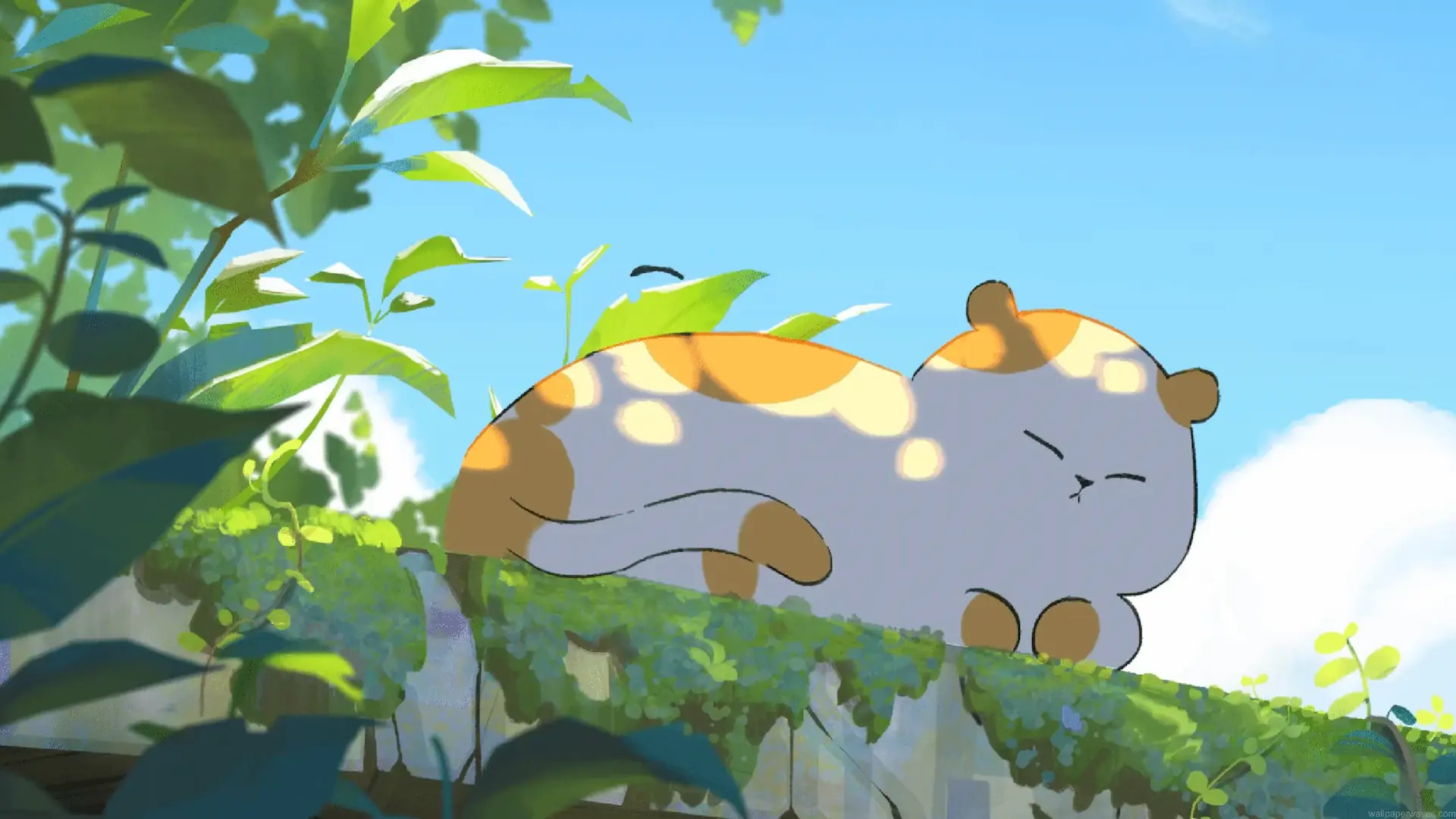 Chubby orange and white cat peacefully napping on a moss-covered stone wall under a sunny blue sky live wallpaper.