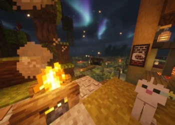 Cozy Minecraft Campfire Night Live Wallpaper 2 Cozy Minecraft campfire with a white cat, glowing lanterns, and colorful northern lights over a peaceful nighttime village in Cozy Minecraft Campfire Night Live Wallpaper.