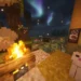 Cozy Minecraft Campfire Night Live Wallpaper 10 Cozy Minecraft campfire with a white cat, glowing lanterns, and colorful northern lights over a peaceful nighttime village in Cozy Minecraft Campfire Night Live Wallpaper.