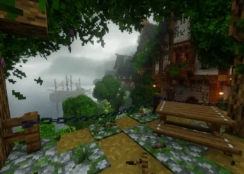 Cozy Minecraft harbor village with wooden houses, lush greenery, misty waterfront, and a sailing ship live wallpaper.