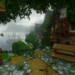Cozy Minecraft harbor village with wooden houses, lush greenery, misty waterfront, and a sailing ship live wallpaper.