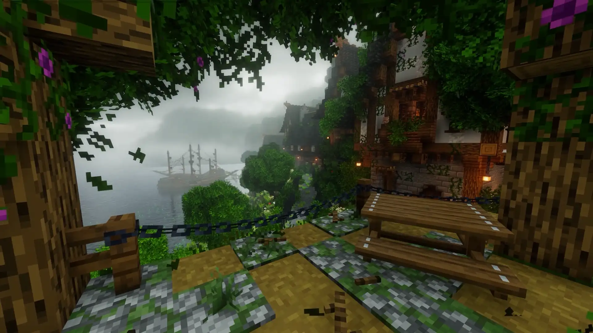 Cozy Minecraft harbor village with wooden houses, lush greenery, misty waterfront, and a sailing ship live wallpaper.