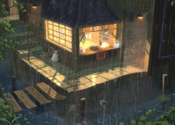 Cozy Rainy Cabin Live Wallpaper 2 Cozy wooden cabin glowing warmly beside calm water during a rainy evening in Cozy Rainy Cabin Live Wallpaper.