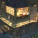 Cozy wooden cabin glowing warmly beside calm water during a rainy evening in Cozy Rainy Cabin Live Wallpaper.