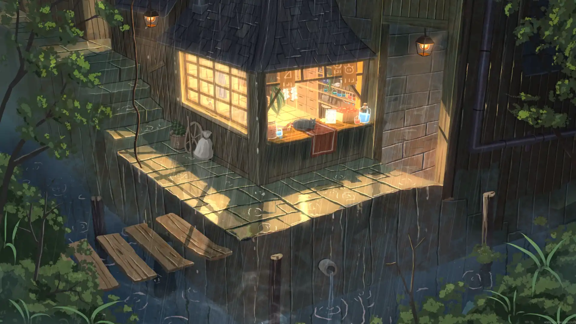 Cozy wooden cabin glowing warmly beside calm water during a rainy evening in Cozy Rainy Cabin Live Wallpaper.