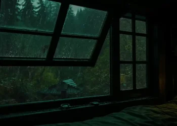 Cozy Rainy Cabin Window Forest Live Wallpaper 1 Cozy rainy cabin window overlooking a lush forest with raindrops on the glass in a relaxing live wallpaper.