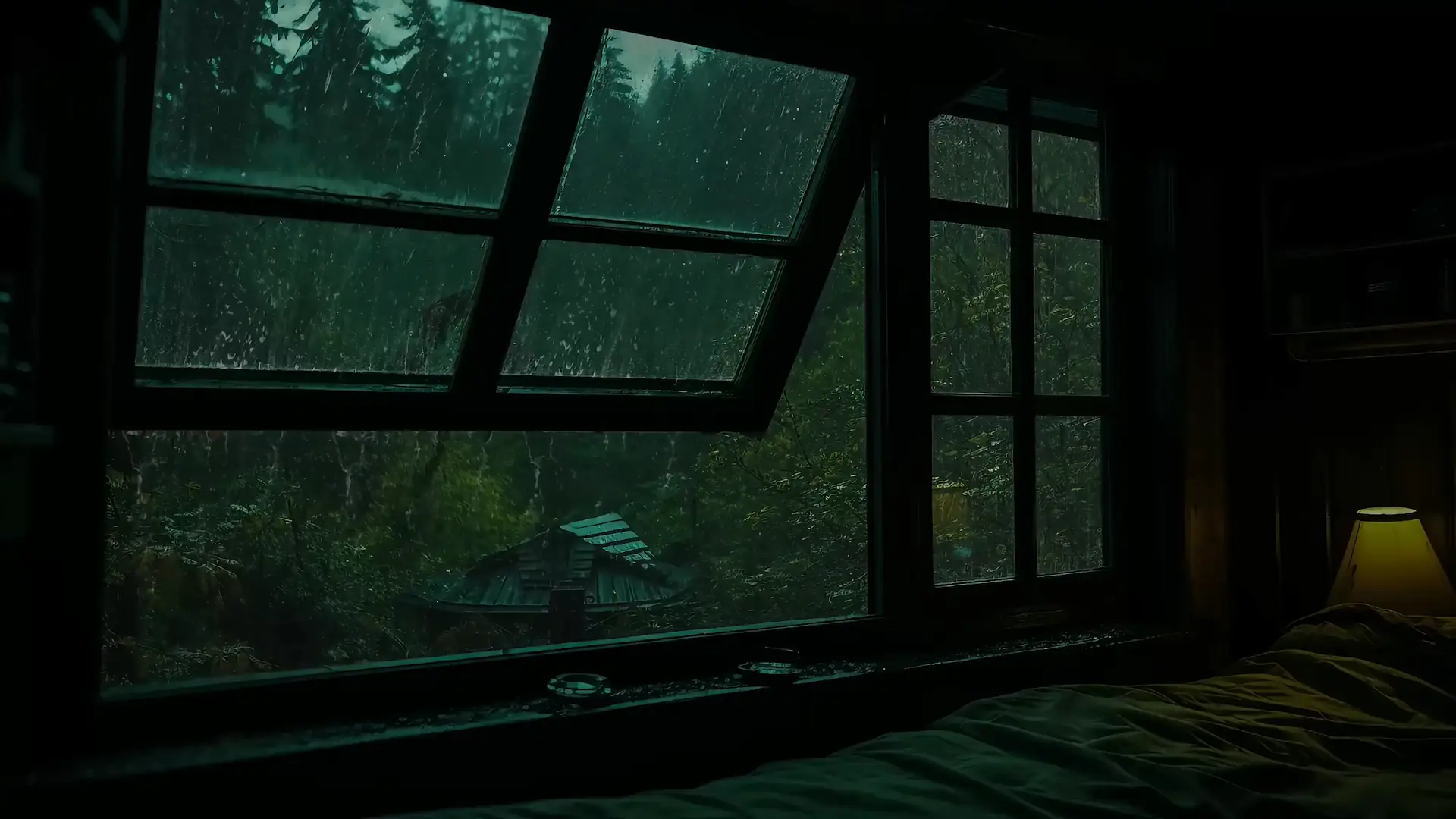 Cozy rainy cabin window overlooking a lush forest with raindrops on the glass in a relaxing live wallpaper.