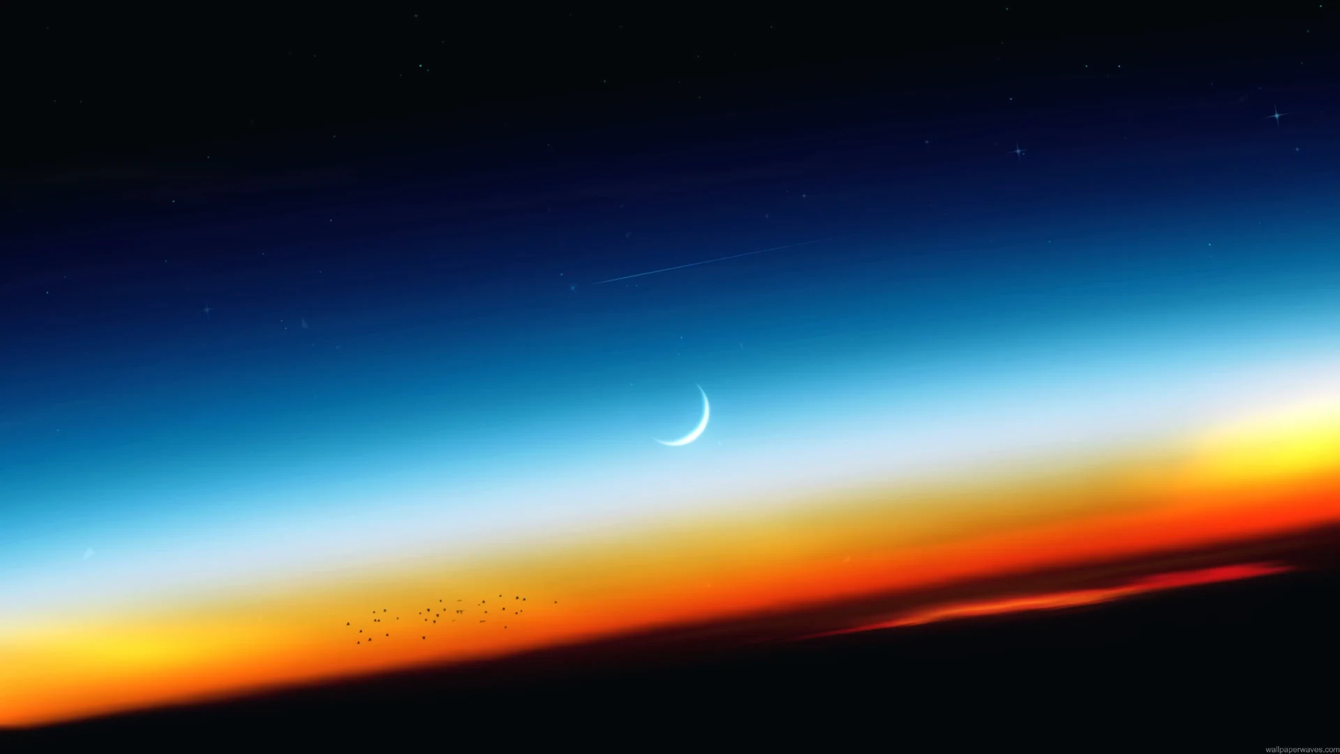 Peaceful crescent moon above a colorful sunset horizon with stars emerging across a vibrant twilight sky live wallpaper.