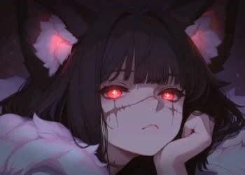 Dark Kitsune anime girl with glowing crimson eyes, fox ears, and white fur cloak in a mystical nighttime forest live wallpaper.