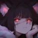 Dark Kitsune anime girl with glowing crimson eyes, fox ears, and white fur cloak in a mystical nighttime forest live wallpaper.