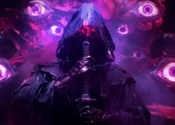 Dark Samurai Void Eyes Live Wallpaper 1 Hooded dark samurai holding a katana surrounded by glowing violet eyes emerging from the void in Dark Samurai Void Eyes Live Wallpaper.
