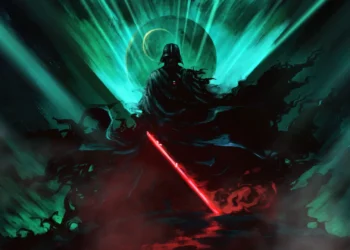 Darth Vader Epic Star Wars Live Wallpaper 1 Darth Vader wielding a glowing red lightsaber beneath an eerie cosmic sky in a cinematic Star Wars live wallpaper.
