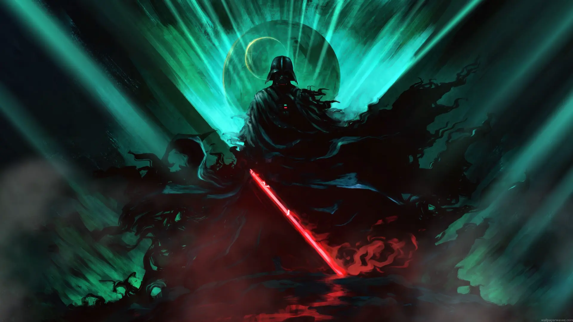 Darth Vader wielding a glowing red lightsaber beneath an eerie cosmic sky in a cinematic Star Wars live wallpaper.