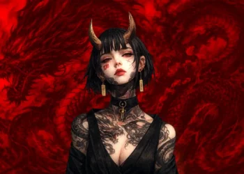 Demon Girl Red Dragon Live Wallpaper 2 Demon girl with dragon tattoos standing before a massive red dragon in a dark fantasy live wallpaper.