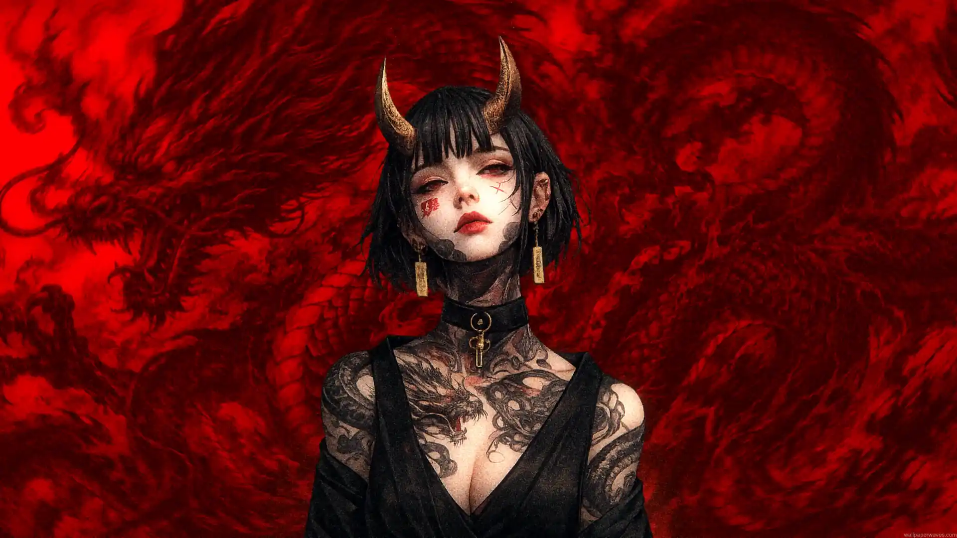 Demon girl with dragon tattoos standing before a massive red dragon in a dark fantasy live wallpaper.