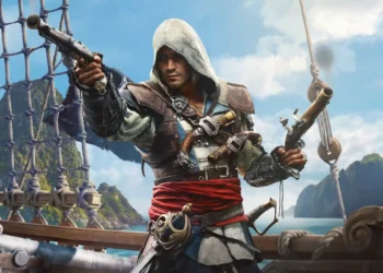 Edward Kenway Assassins Creed Black Flag Live Wallpaper 1 Edward Kenway aiming twin flintlock pistols aboard a pirate ship in the Caribbean in Edward Kenway Assassins Creed Black Flag Live Wallpaper.