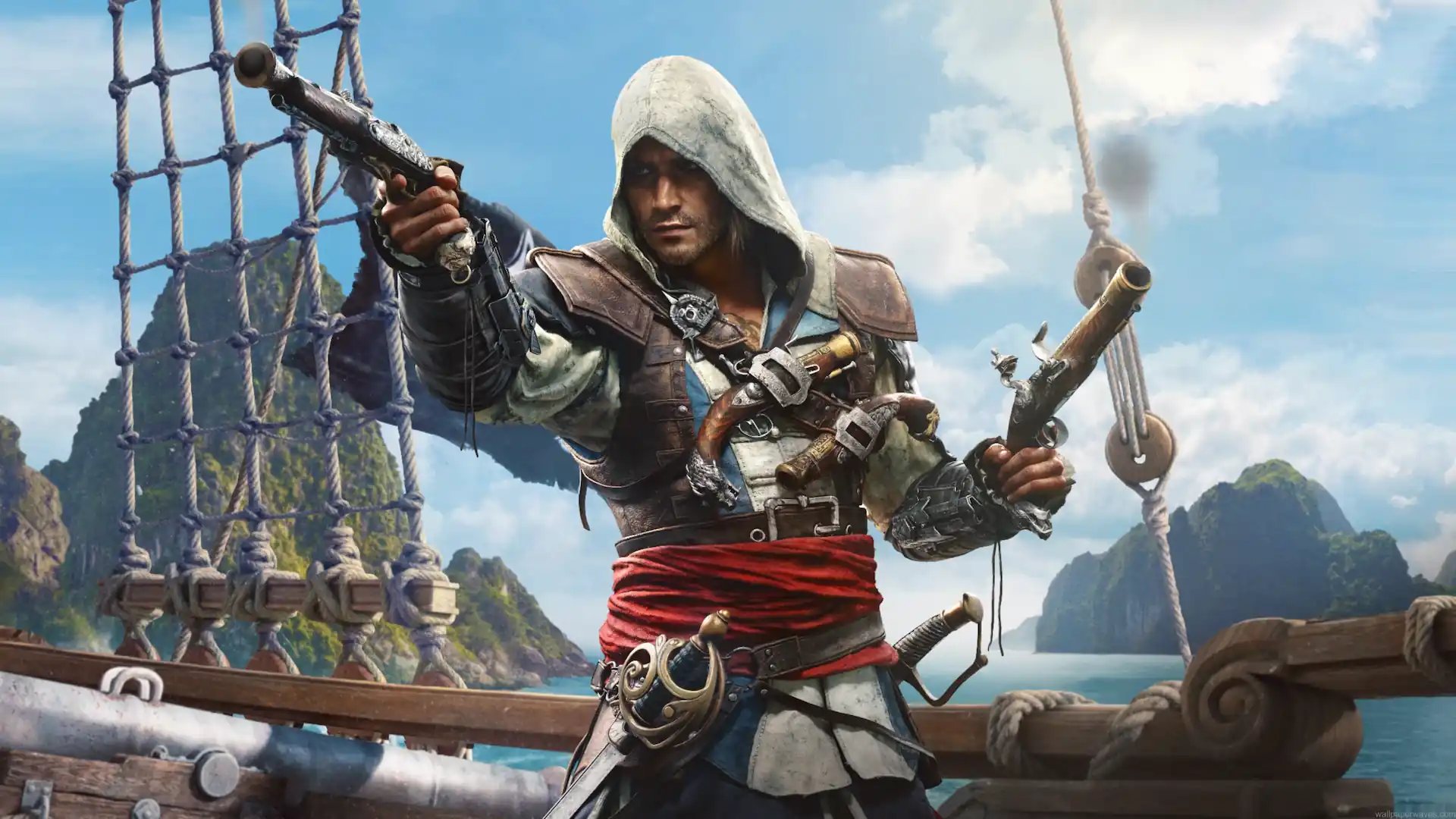 Edward Kenway aiming twin flintlock pistols aboard a pirate ship in the Caribbean in Edward Kenway Assassins Creed Black Flag Live Wallpaper.