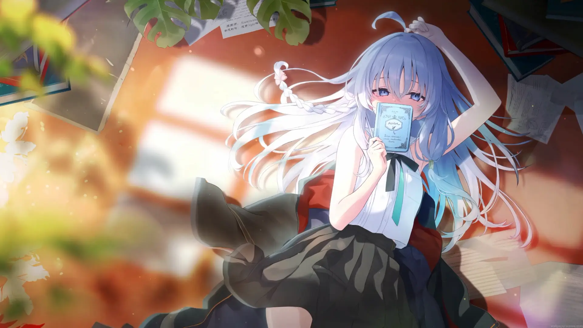 Elaina reading a magical book in warm sunlight from Wandering Witch The Journey of Elaina live wallpaper.