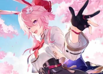 Evanescia smiling beneath blooming cherry blossoms with flowing pink hair in Honkai Star Rail live wallpaper.