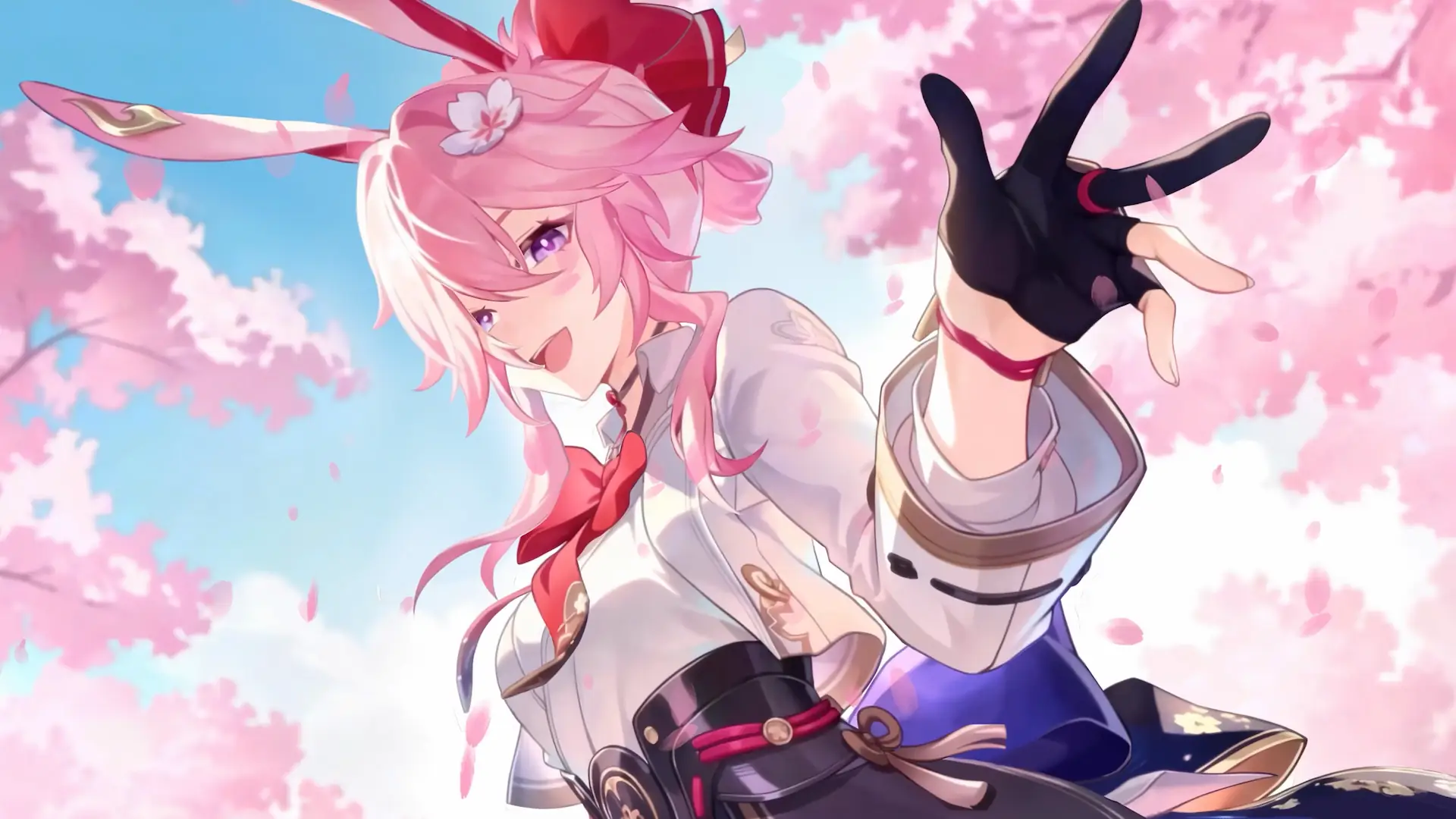 Evanescia smiling beneath blooming cherry blossoms with flowing pink hair in Honkai Star Rail live wallpaper.