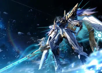 Exostrider Celestial Mecha Live Wallpaper 1 Exostrider Celestial Mecha wielding a glowing energy sword while flying through deep space surrounded by futuristic spacecraft in Exostrider Celestial Mecha Live Wallpaper.
