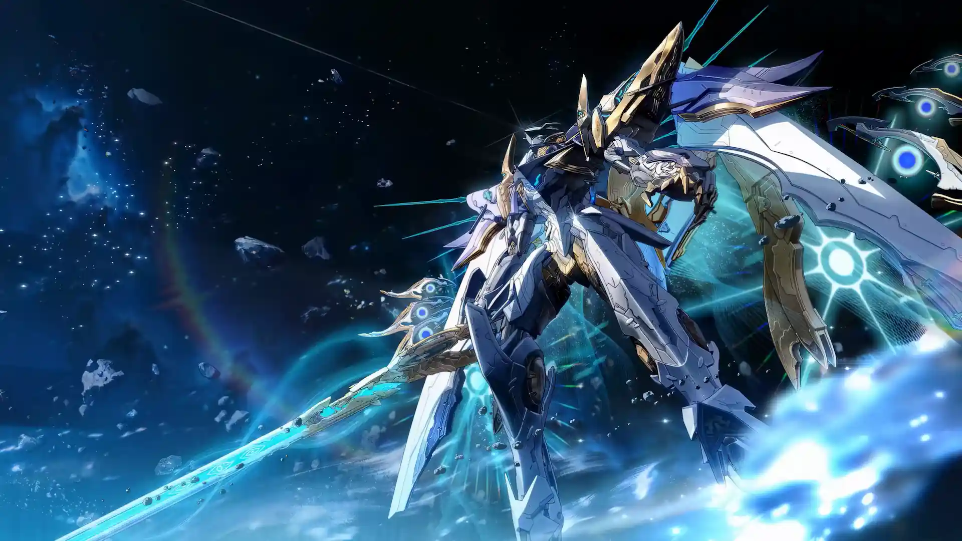 Exostrider Celestial Mecha wielding a glowing energy sword while flying through deep space surrounded by futuristic spacecraft in Exostrider Celestial Mecha Live Wallpaper.