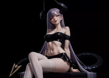 FANTASIAS Thea-chan Live Wallpaper 5 FANTASIAS Thea-chan Apprentice Succubus with mechanical demon horns, long lavender hair, and black outfit in fantasy anime live wallpaper.