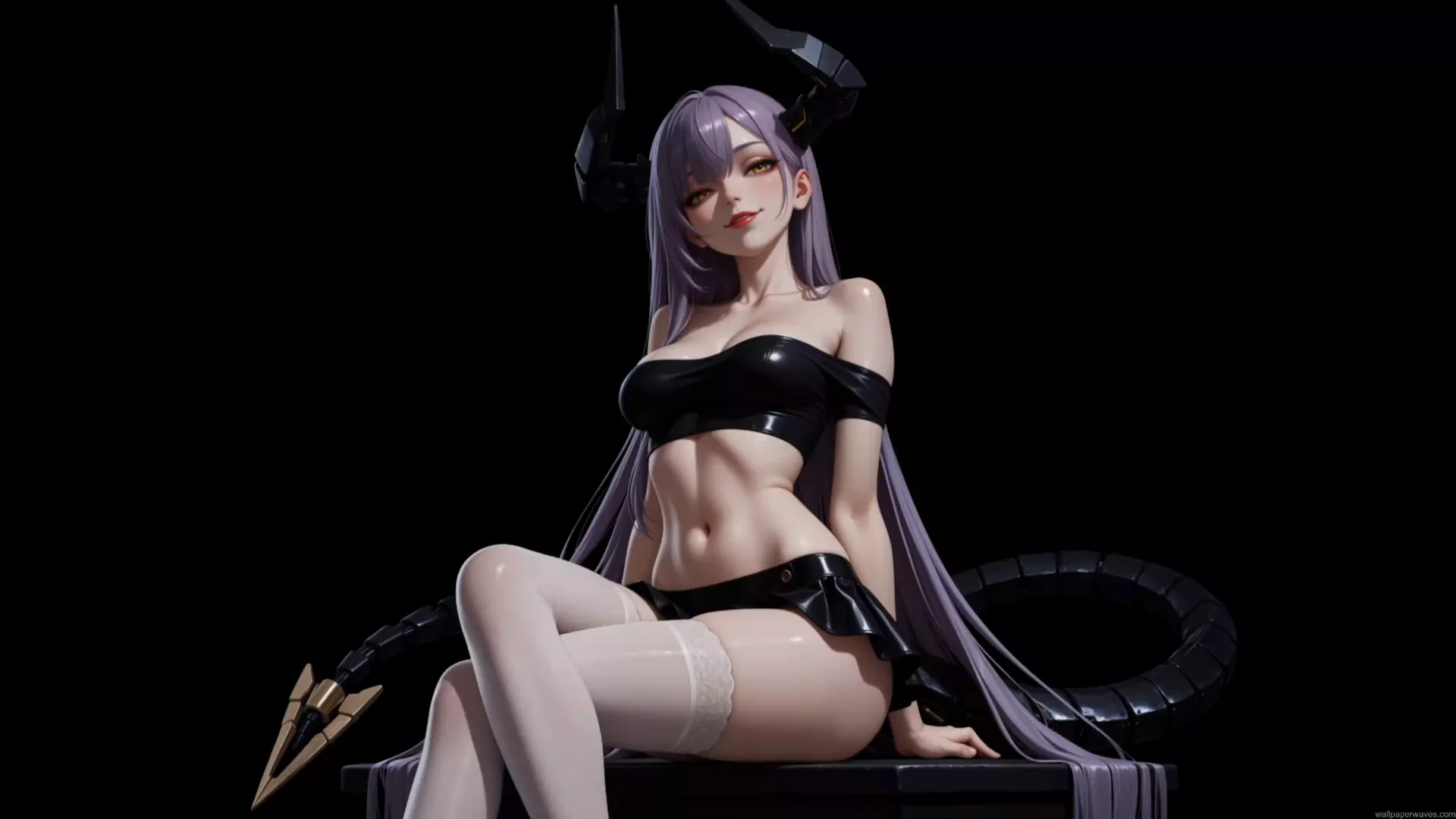 FANTASIAS Thea-chan Apprentice Succubus with mechanical demon horns, long lavender hair, and black outfit in fantasy anime live wallpaper.
