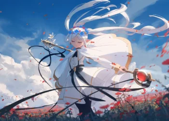 Frieren standing peacefully in a blooming flower field beneath a bright blue sky with flowing white hair and magical staff in Frieren Peaceful Journey Live Wallpaper.