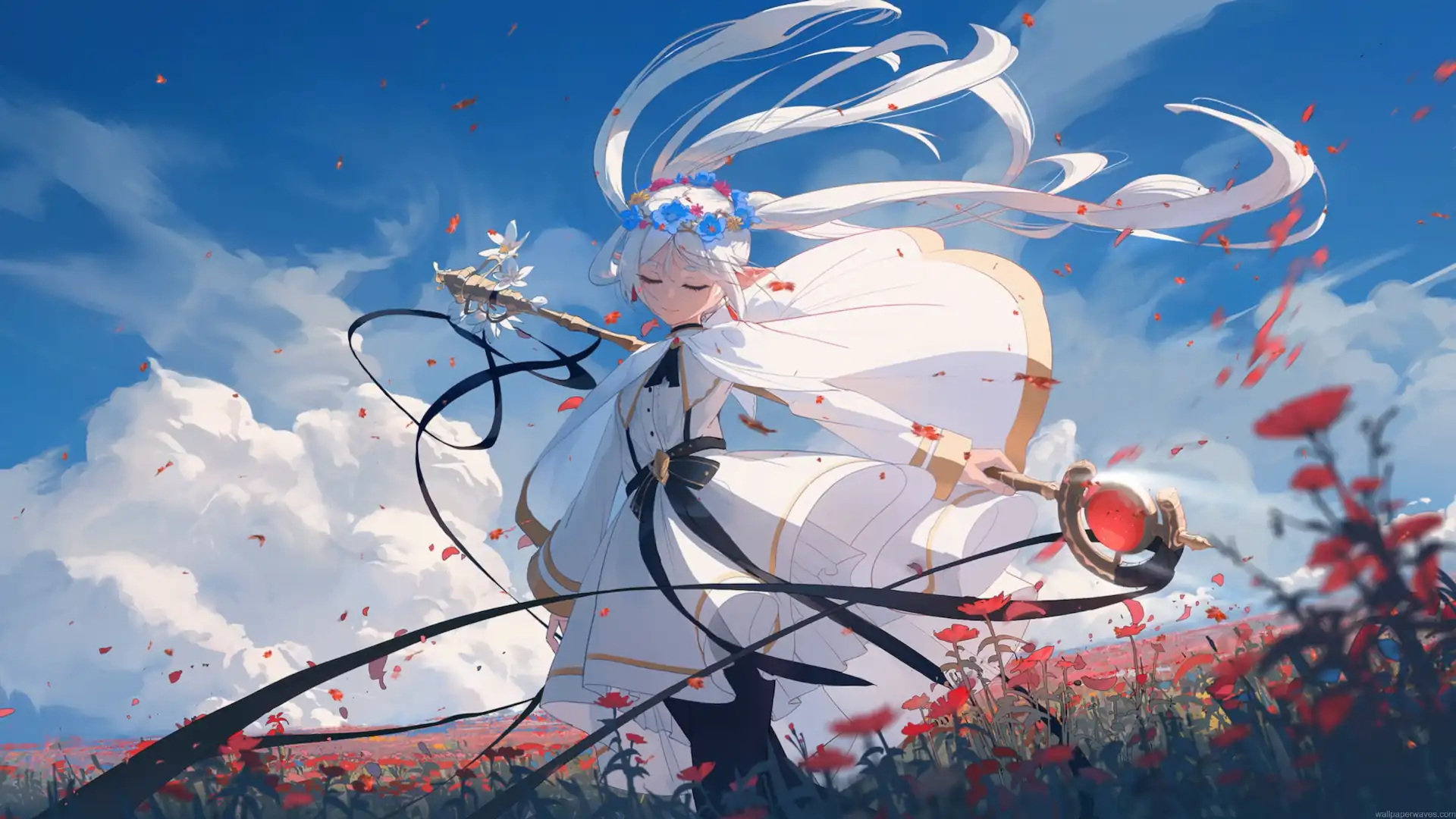 Frieren standing peacefully in a blooming flower field beneath a bright blue sky with flowing white hair and magical staff in Frieren Peaceful Journey Live Wallpaper.
