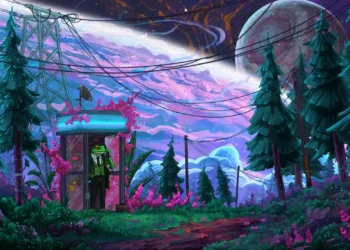 Frog in the Cosmic Forest Live Wallpaper 4 Well-dressed frog standing in a phone booth inside a colorful cosmic forest beneath a galaxy-filled sky in Frog in the Cosmic Forest Live Wallpaper.