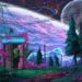 Frog in the Cosmic Forest Live Wallpaper 10 Well-dressed frog standing in a phone booth inside a colorful cosmic forest beneath a galaxy-filled sky in Frog in the Cosmic Forest Live Wallpaper.