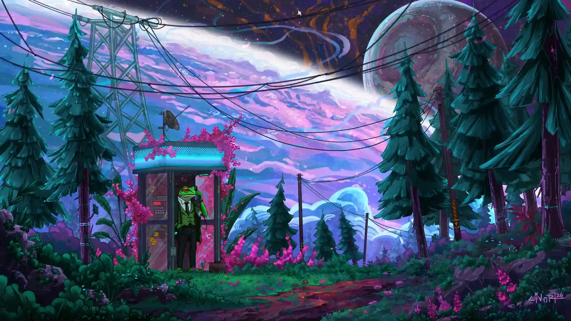Well-dressed frog standing in a phone booth inside a colorful cosmic forest beneath a galaxy-filled sky in Frog in the Cosmic Forest Live Wallpaper.