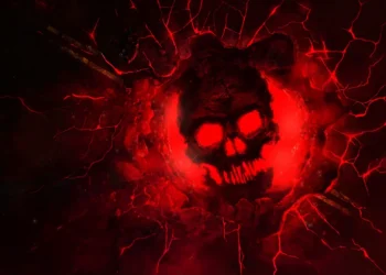 Glowing red Crimson Omen skull emblem breaking through cracked stone in Gears of War live wallpaper.