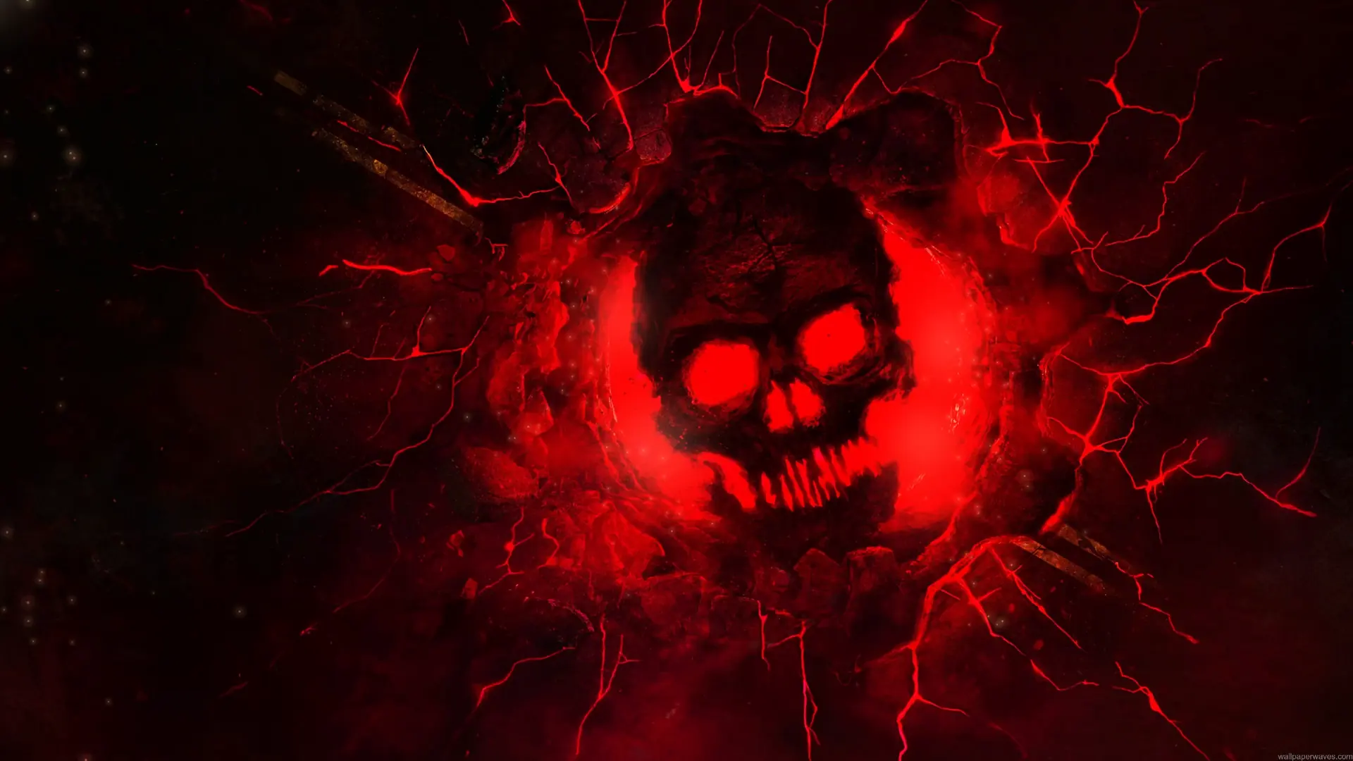 Glowing red Crimson Omen skull emblem breaking through cracked stone in Gears of War live wallpaper.