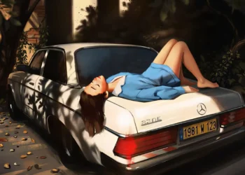 Girl relaxing on the trunk of a classic white Mercedes-Benz 230E beneath warm afternoon sunlight in a peaceful lofi setting live wallpaper.