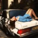 Girl relaxing on the trunk of a classic white Mercedes-Benz 230E beneath warm afternoon sunlight in a peaceful lofi setting live wallpaper.