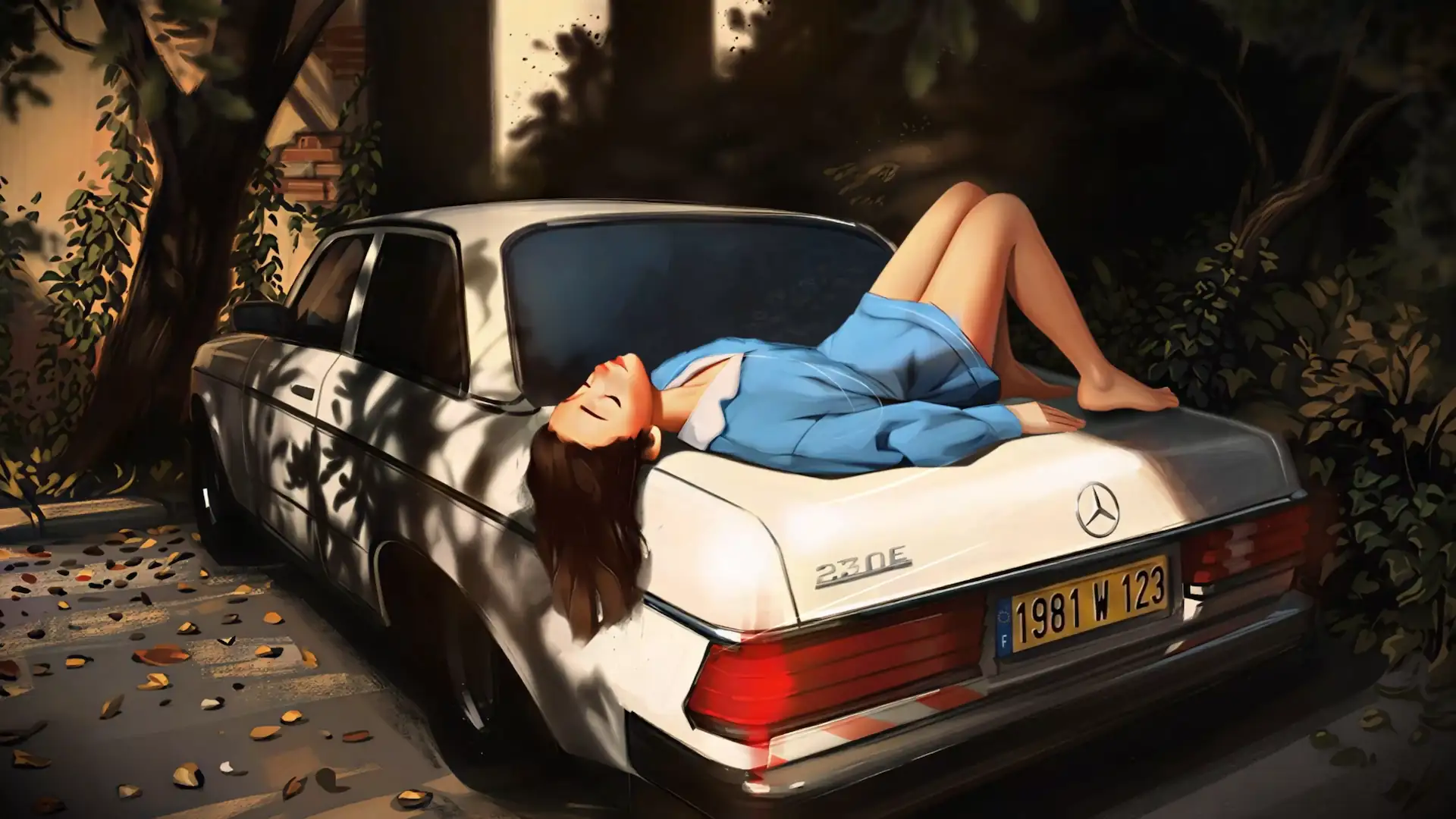Girl relaxing on the trunk of a classic white Mercedes-Benz 230E beneath warm afternoon sunlight in a peaceful lofi setting live wallpaper.
