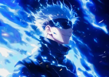 Gojo Satoru surrounded by glowing blue Infinity cursed energy with his signature blindfold and confident smile live wallpaper.
