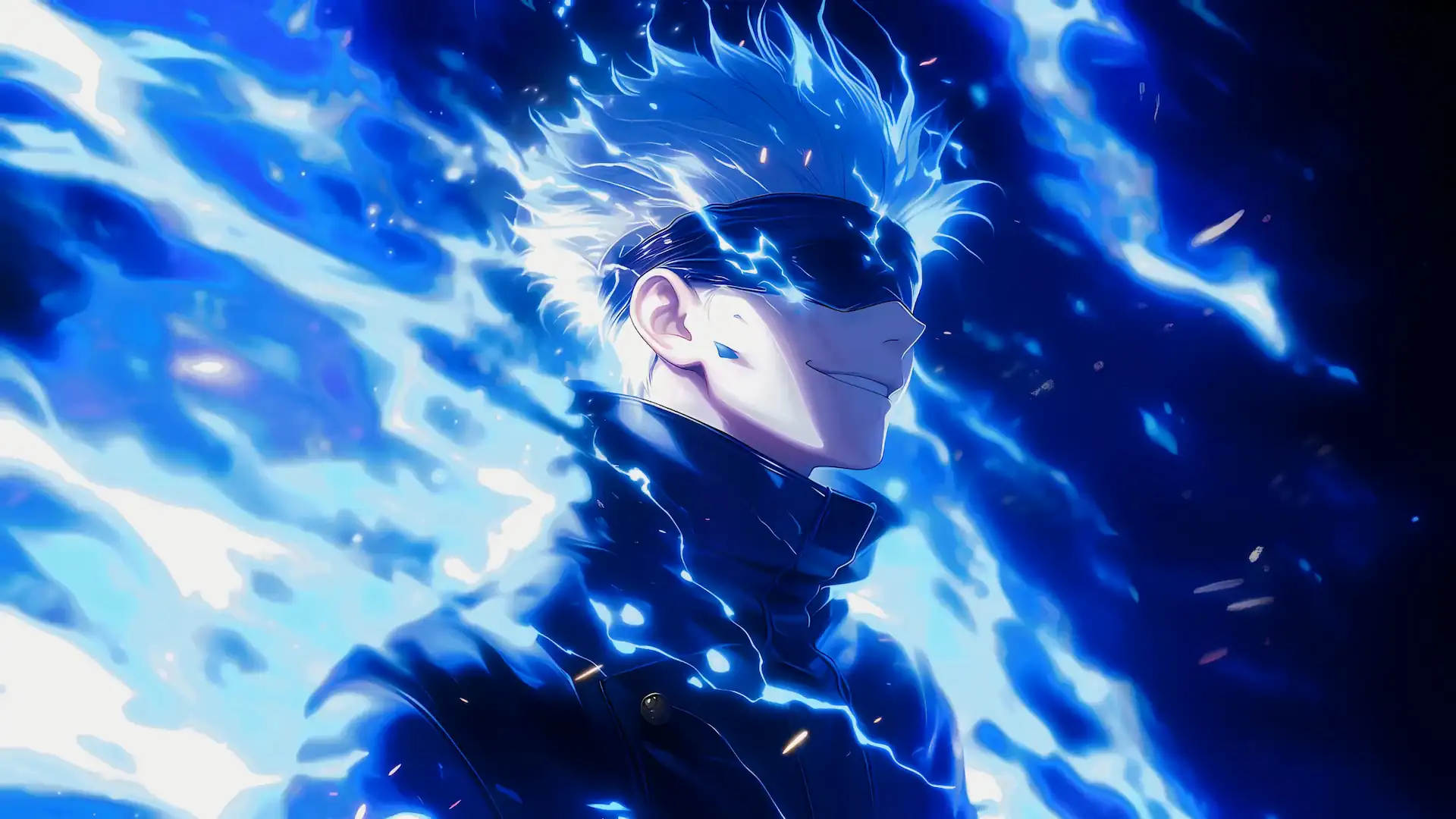 Gojo Satoru surrounded by glowing blue Infinity cursed energy with his signature blindfold and confident smile live wallpaper.