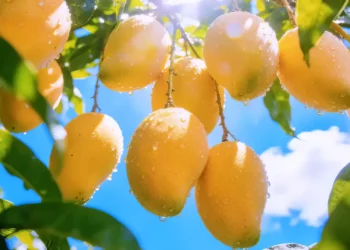 Golden Mango Orchard Live Wallpaper 2 Golden ripe mangoes hanging from lush green branches with sparkling morning dew in a tropical orchard live wallpaper.