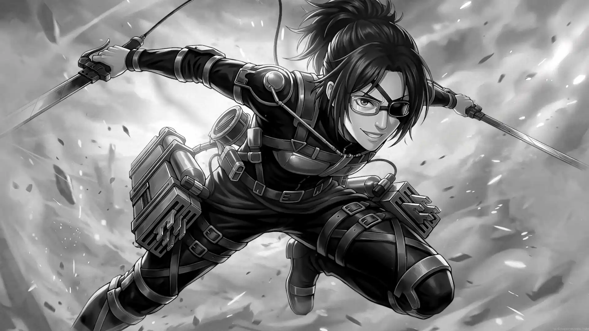 Hange Zoë flying with ODM gear and dual blades during battle in Attack on Titan Hange Zoë Titan Slayer Live Wallpaper.