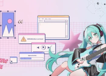 Hatsune Miku Retro Desktop Live Wallpaper 1 Hatsune Miku playing an electric guitar surrounded by retro desktop windows and pastel computer interface elements live wallpaper.