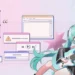 Hatsune Miku Retro Desktop Live Wallpaper 10 Hatsune Miku playing an electric guitar surrounded by retro desktop windows and pastel computer interface elements live wallpaper.