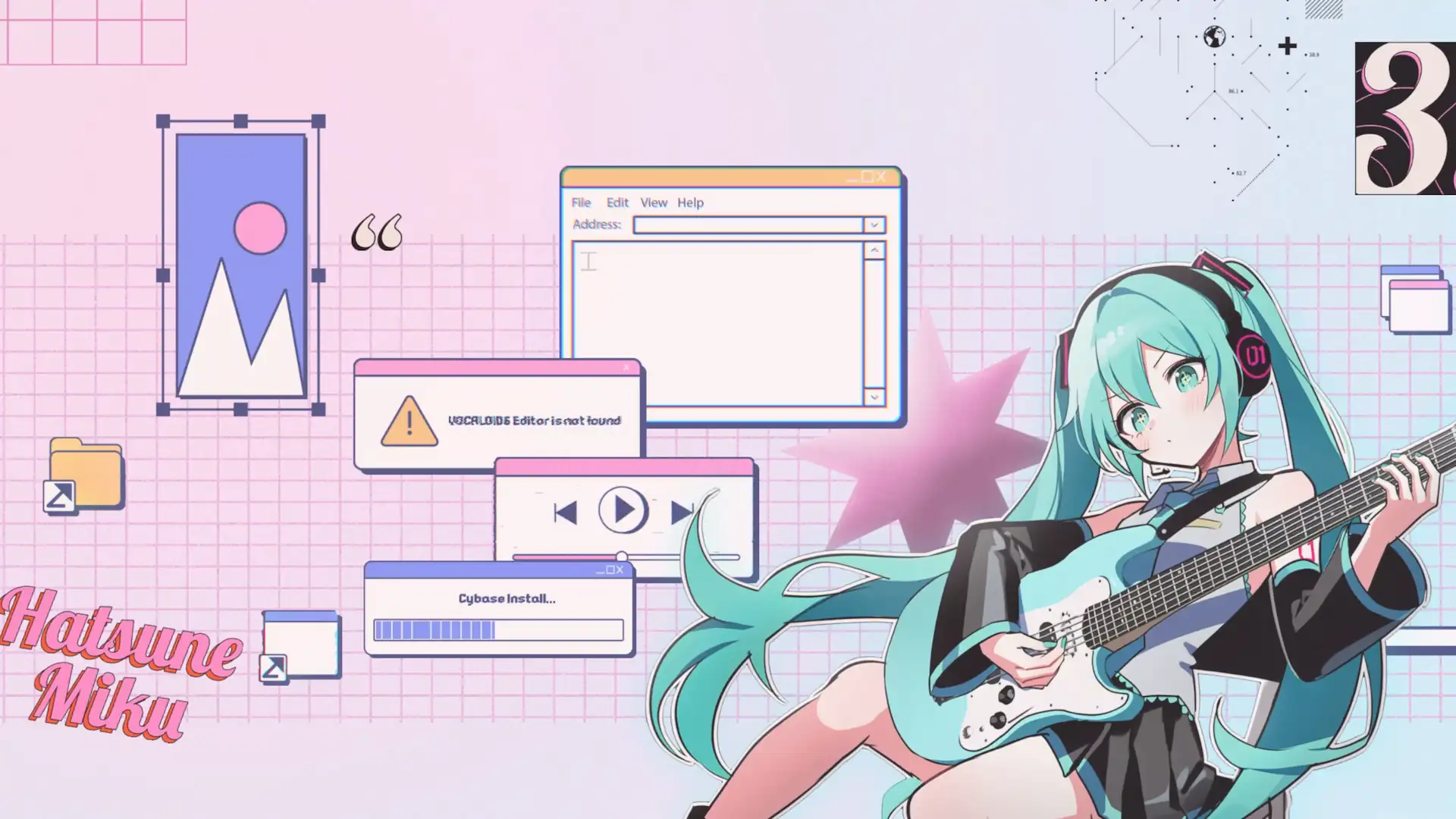 Hatsune Miku playing an electric guitar surrounded by retro desktop windows and pastel computer interface elements live wallpaper.