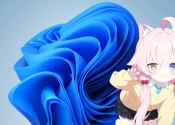 Hoshino Blue Archive Windows 11 Live Wallpaper 1 Chibi Hoshino from Blue Archive beside the Windows 11 blue bloom wallpaper with adorable cat ears and mismatched eyes.
