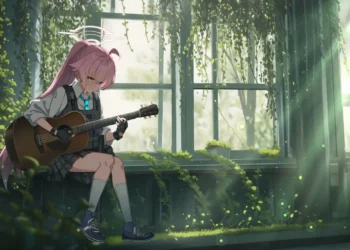 Hoshino Playing Guitar Blue Archive Live Wallpaper 1 Hoshino playing an acoustic guitar beside an ivy-covered window in Blue Archive live wallpaper.